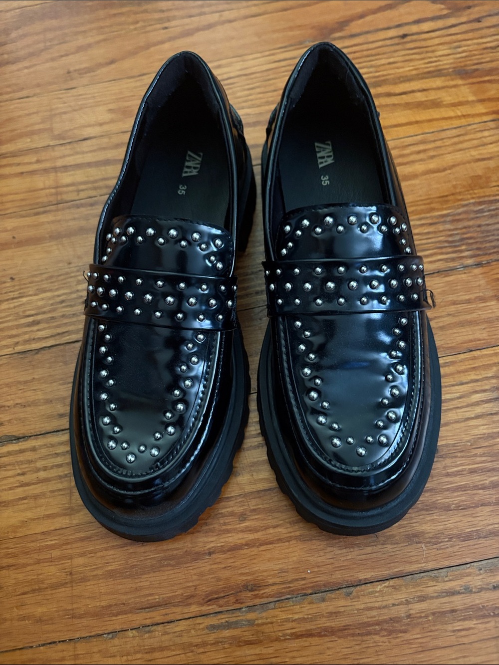 Zara Black Studded Patent Leather Penny Loafers - girl